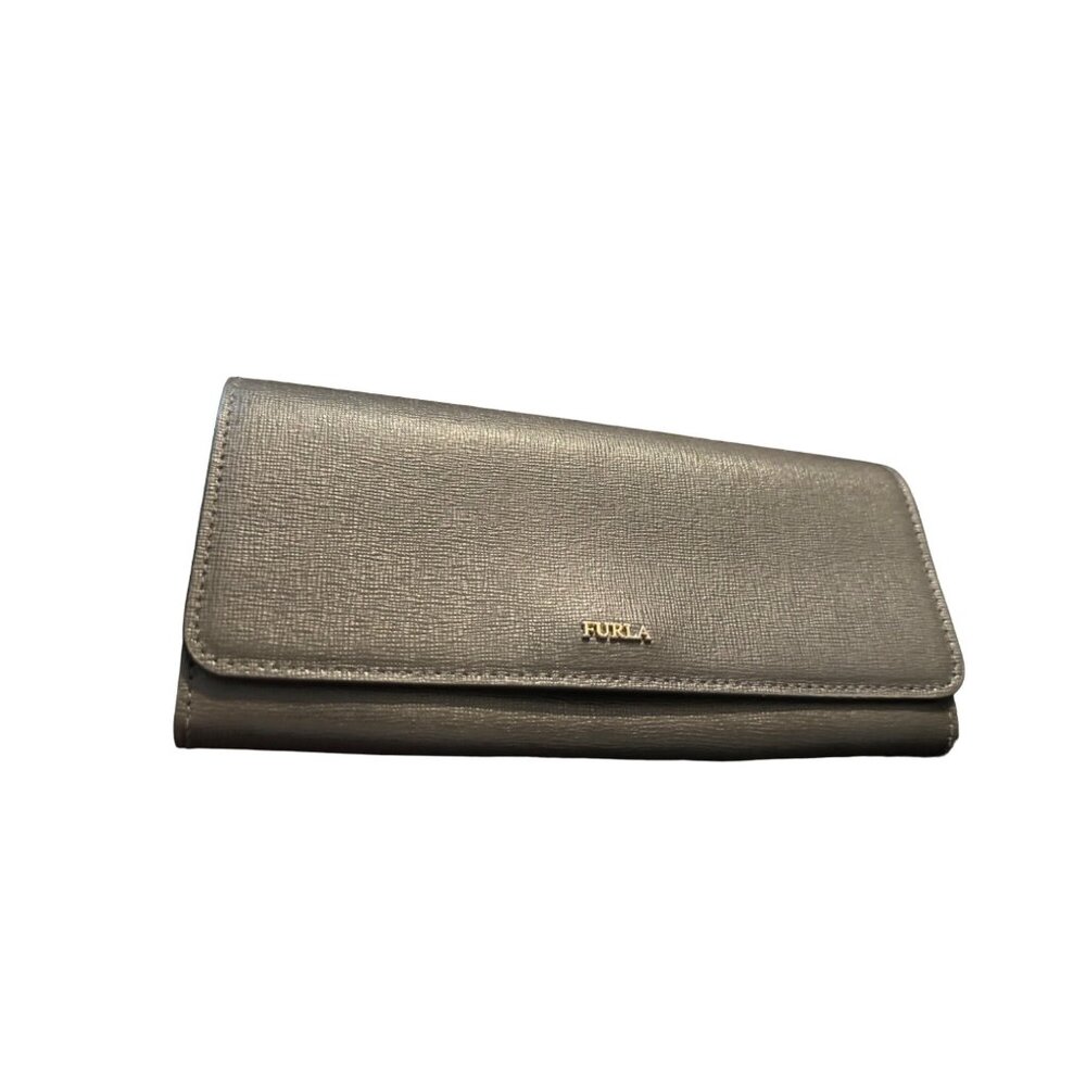 Furla Gray Textured Leather Continental Wallet Card Holder Clutch‎ Italy